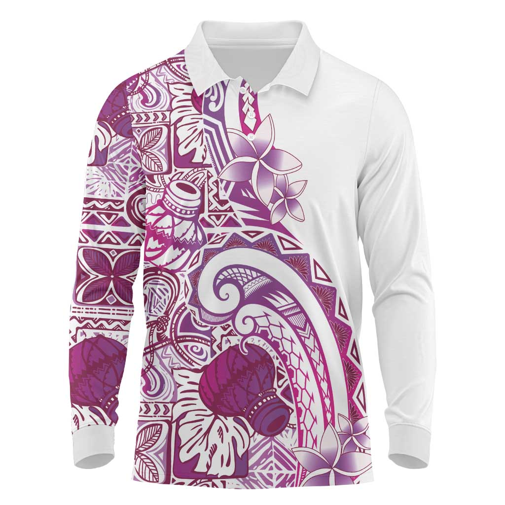 Aloha Hawaii Tapa Long Sleeve Polo Shirt Vibrant Fuchsia Hawaiian Ipu LT7 Fuchsia - Polynesian Pride