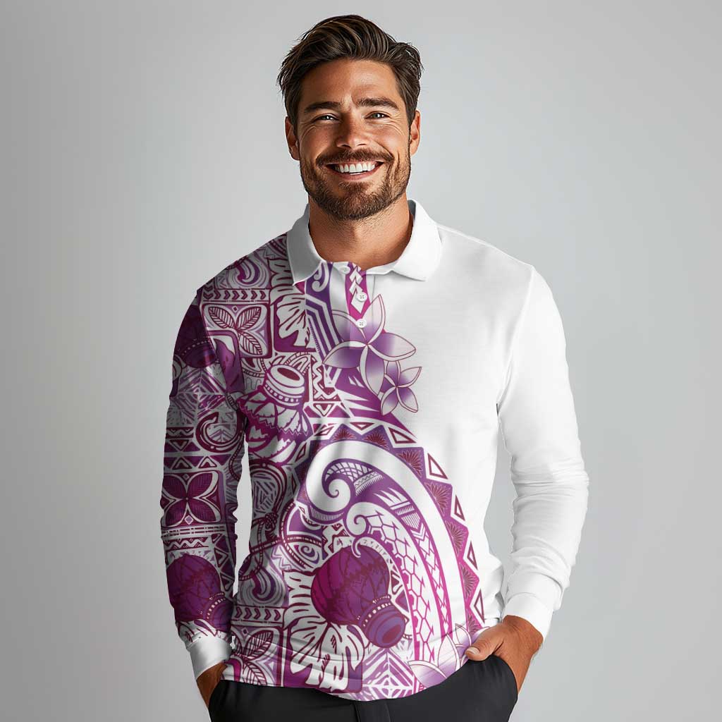 Aloha Hawaii Tapa Long Sleeve Polo Shirt Vibrant Fuchsia Hawaiian Ipu LT7 - Polynesian Pride