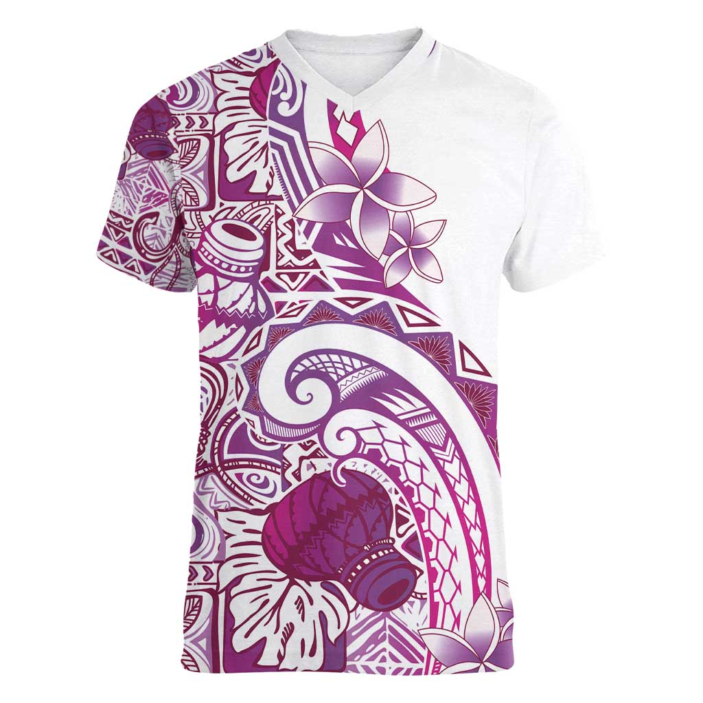 Aloha Hawaii Tapa Women V-Neck T-Shirt Vibrant Fuchsia Hawaiian Ipu - Polynesian Pride
