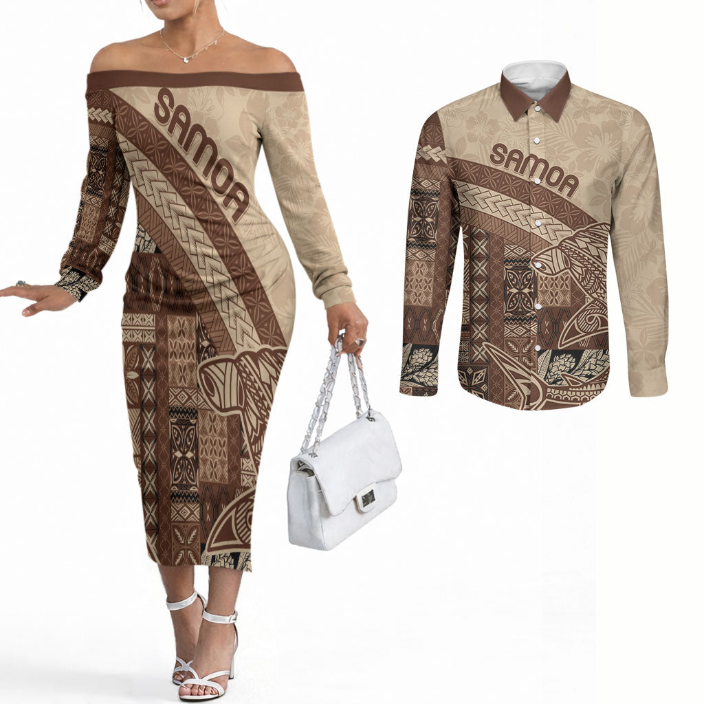 Samoa Mamanu Siapo Mocha Couples Matching Off The Shoulder Long Sleeve Dress and Long Sleeve Button Shirt Tatau Malie LT7 Beige - Polynesian Pride