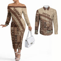 Samoa Mamanu Siapo Mocha Couples Matching Off The Shoulder Long Sleeve Dress and Long Sleeve Button Shirt Tatau Malie LT7 Beige - Polynesian Pride