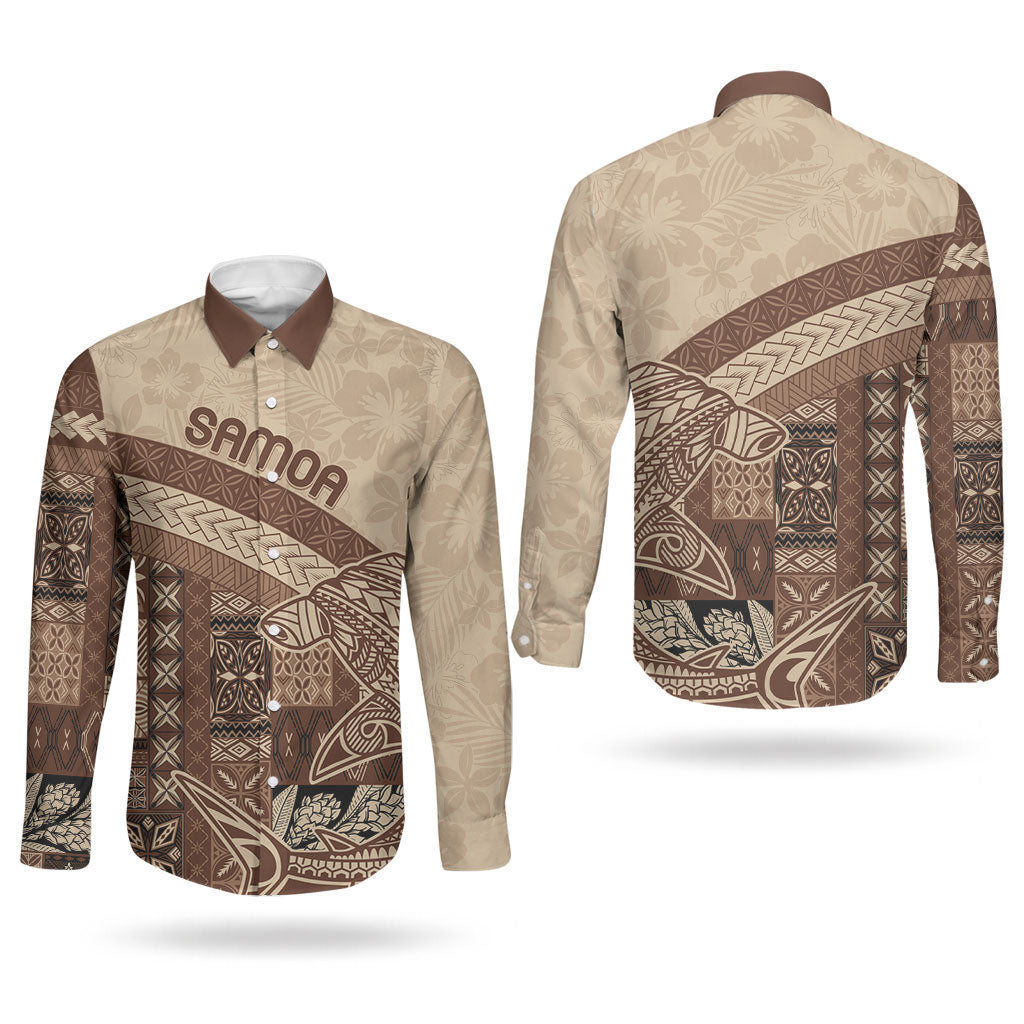 Samoa Mamanu Siapo Mocha Couples Matching Off The Shoulder Long Sleeve Dress and Long Sleeve Button Shirt Tatau Malie LT7 - Polynesian Pride