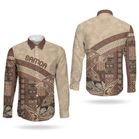 Samoa Mamanu Siapo Mocha Couples Matching Off The Shoulder Long Sleeve Dress and Long Sleeve Button Shirt Tatau Malie LT7 - Polynesian Pride