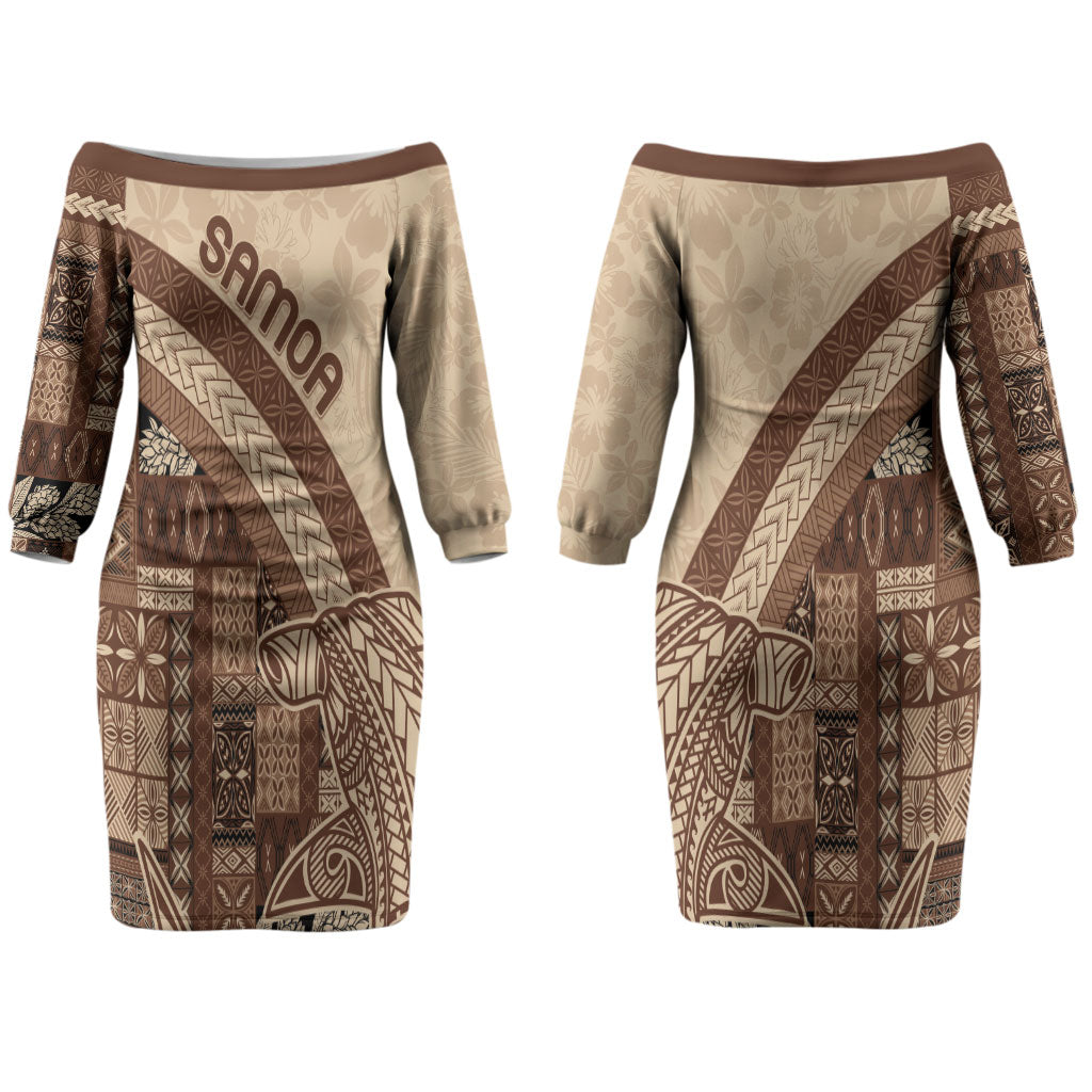 Samoa Mamanu Siapo Mocha Couples Matching Off The Shoulder Long Sleeve Dress and Long Sleeve Button Shirt Tatau Malie LT7 - Polynesian Pride