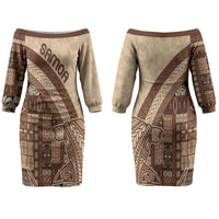 Samoa Mamanu Siapo Mocha Couples Matching Off The Shoulder Long Sleeve Dress and Long Sleeve Button Shirt Tatau Malie LT7 - Polynesian Pride
