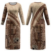 Samoa Mamanu Siapo Mocha Family Matching Long Sleeve Bodycon Dress and Hawaiian Shirt Tatau Malie