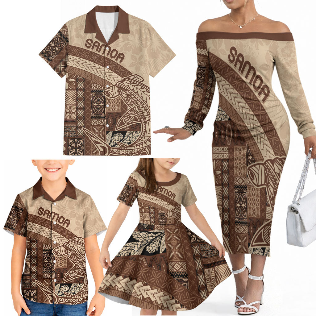 Samoa Mamanu Siapo Mocha Family Matching Off The Shoulder Long Sleeve Dress and Hawaiian Shirt Tatau Malie