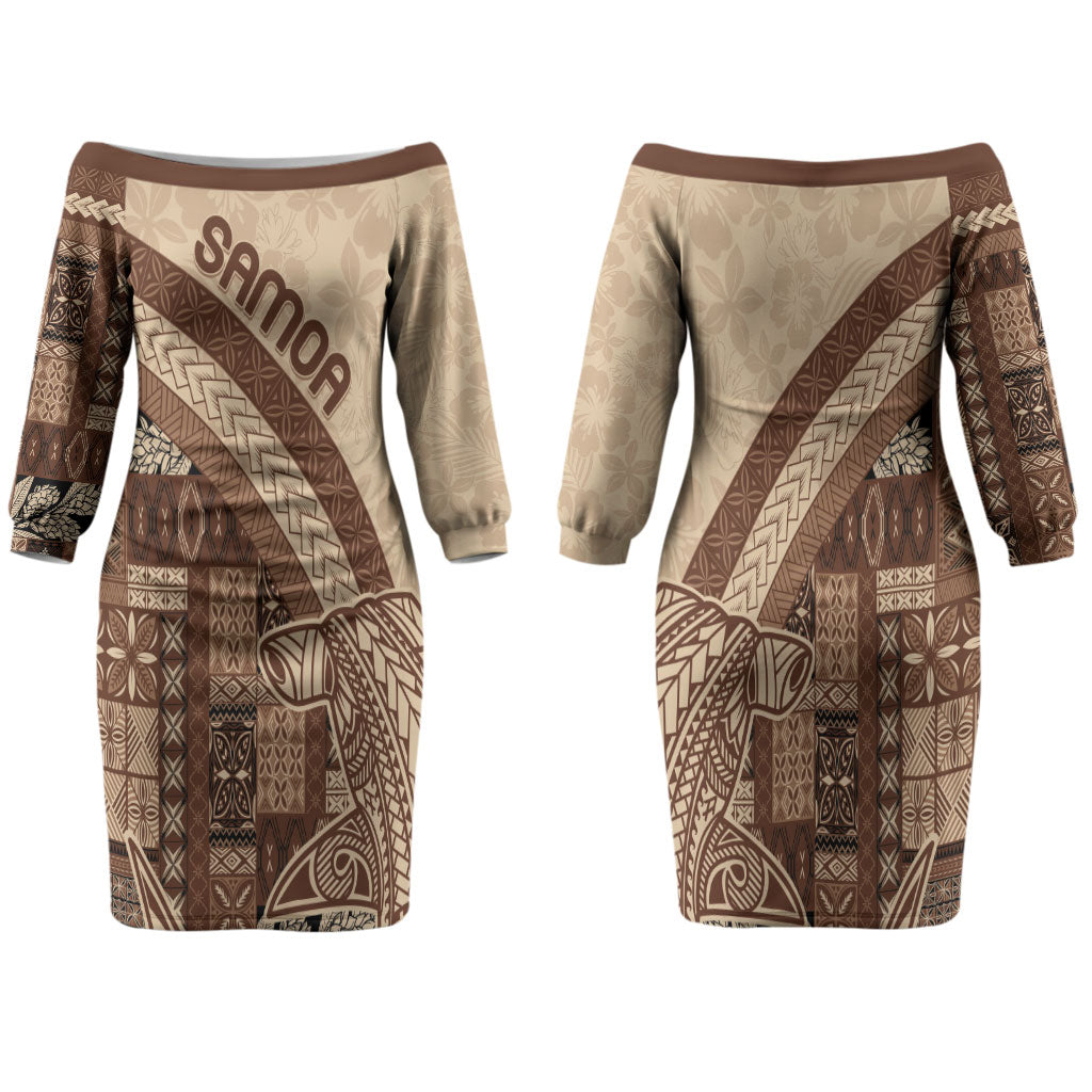Samoa Mamanu Siapo Mocha Family Matching Off The Shoulder Long Sleeve Dress and Hawaiian Shirt Tatau Malie