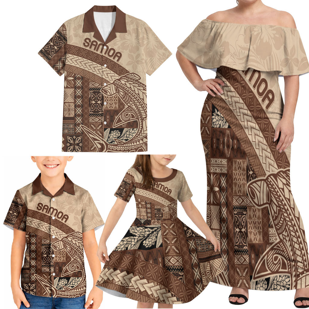 Samoa Mamanu Siapo Mocha Family Matching Off Shoulder Maxi Dress and Hawaiian Shirt Tatau Malie