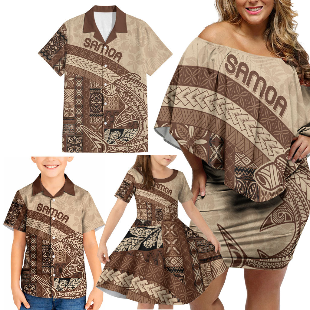 Samoa Mamanu Siapo Mocha Family Matching Off Shoulder Short Dress and Hawaiian Shirt Tatau Malie