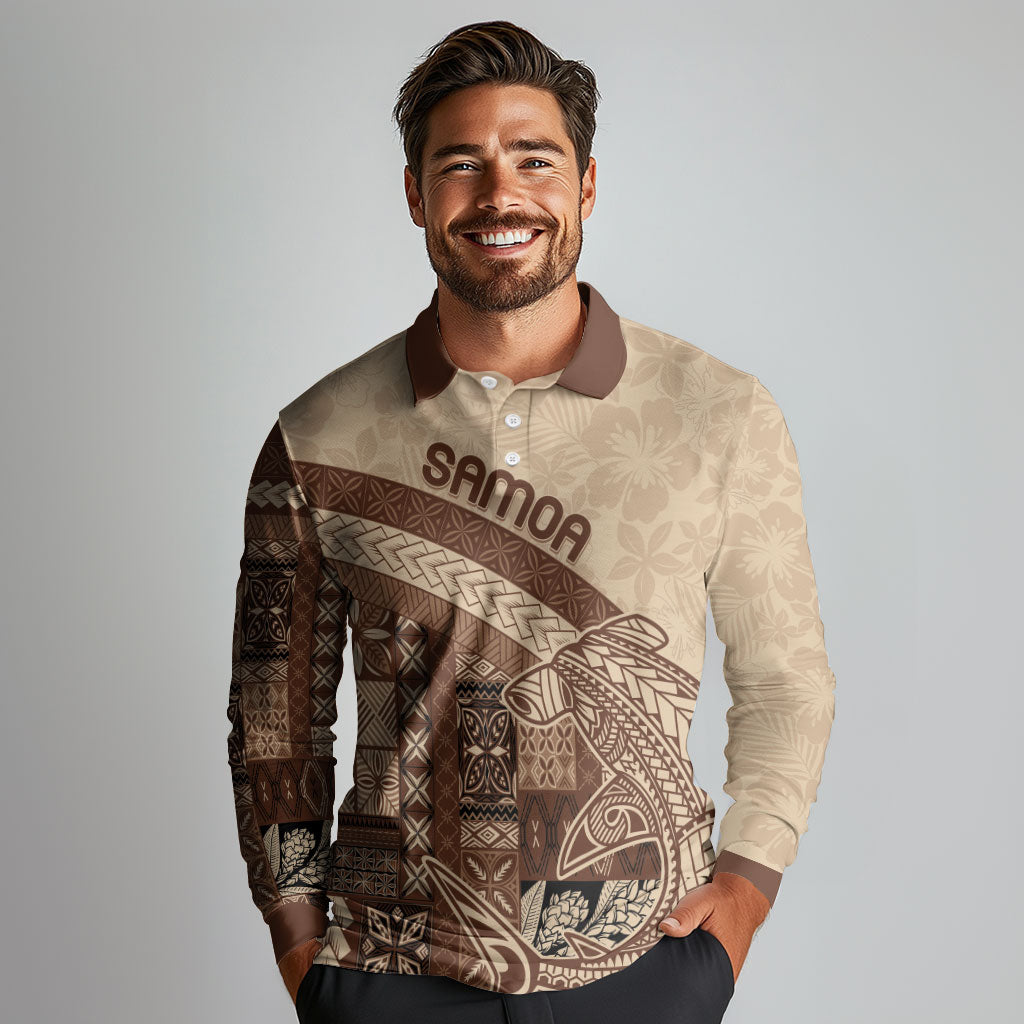 Samoa Mamanu Siapo Mocha Long Sleeve Polo Shirt Tatau Malie