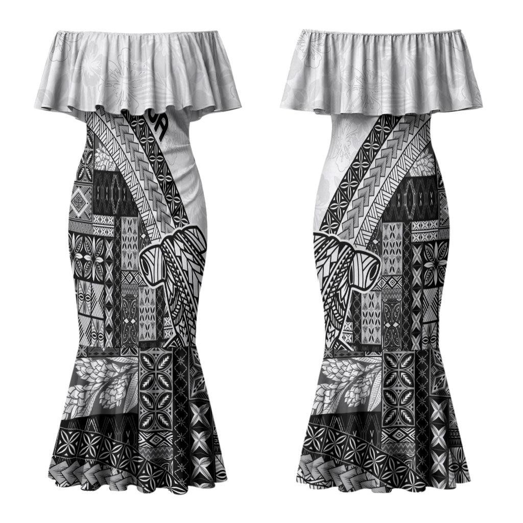 Samoa Mamanu Siapo Classic Black Couples Matching Mermaid Dress and Long Sleeve Button Shirt Tatau Malie