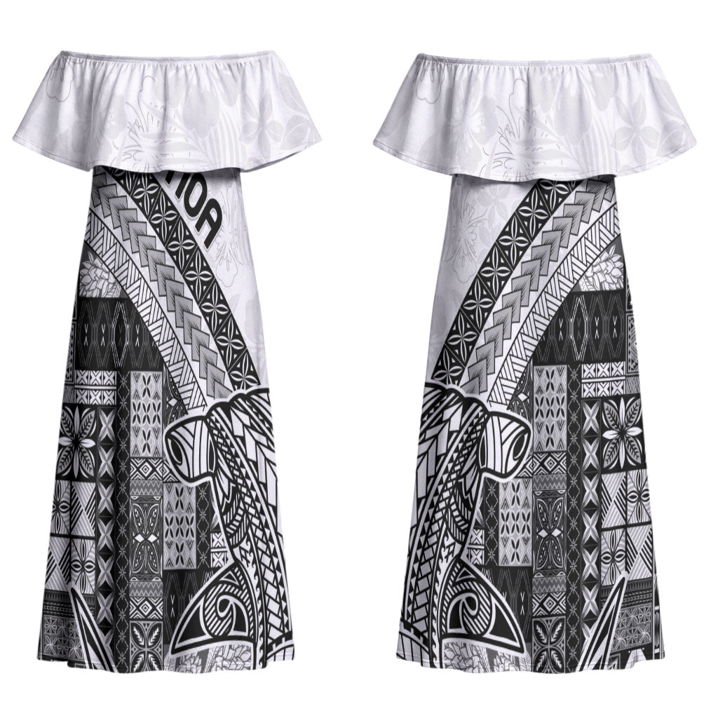 Samoa Mamanu Siapo Classic Black Couples Matching Off Shoulder Maxi Dress and Long Sleeve Button Shirt Tatau Malie