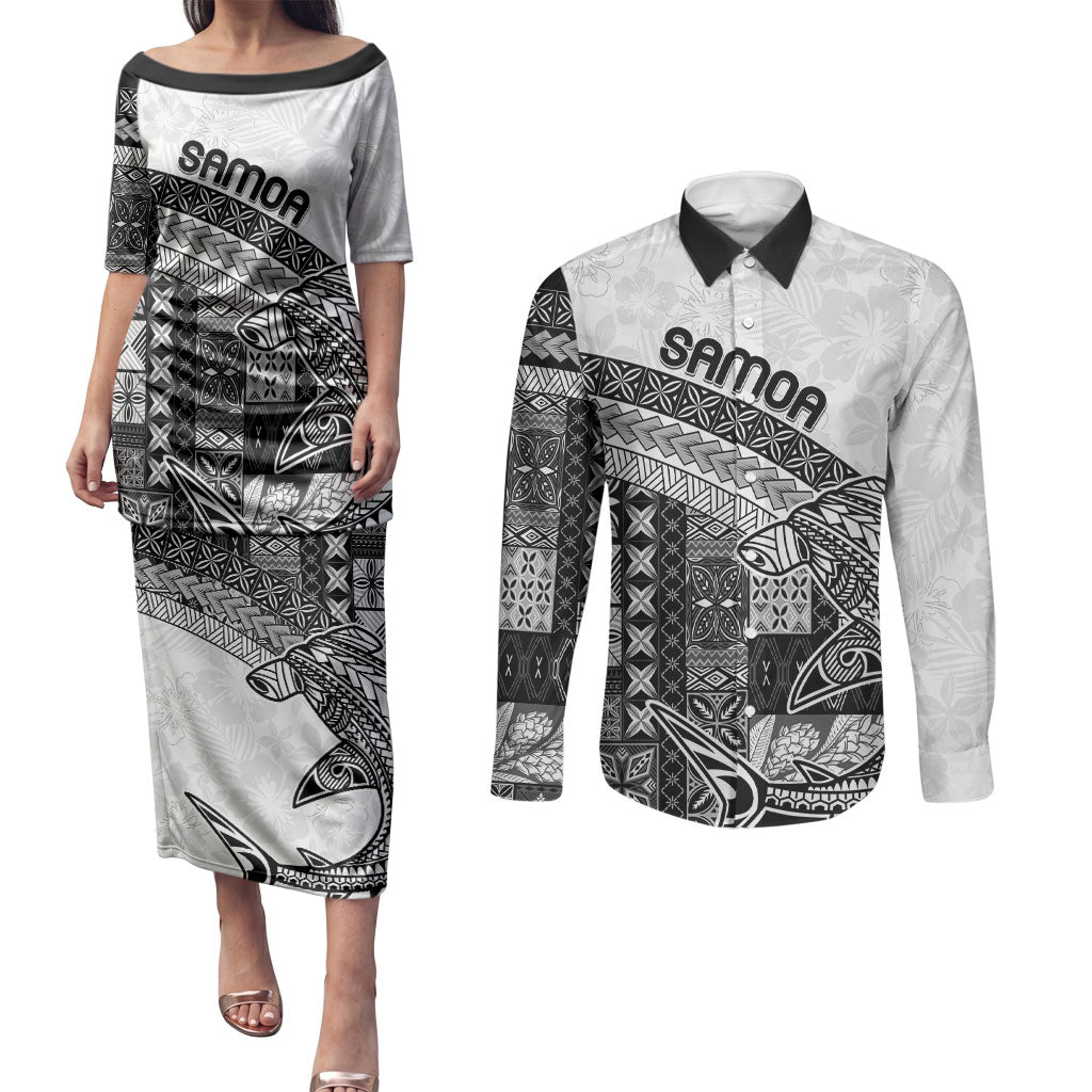 Samoa Mamanu Siapo Classic Black Couples Matching Puletasi and Long Sleeve Button Shirt Tatau Malie