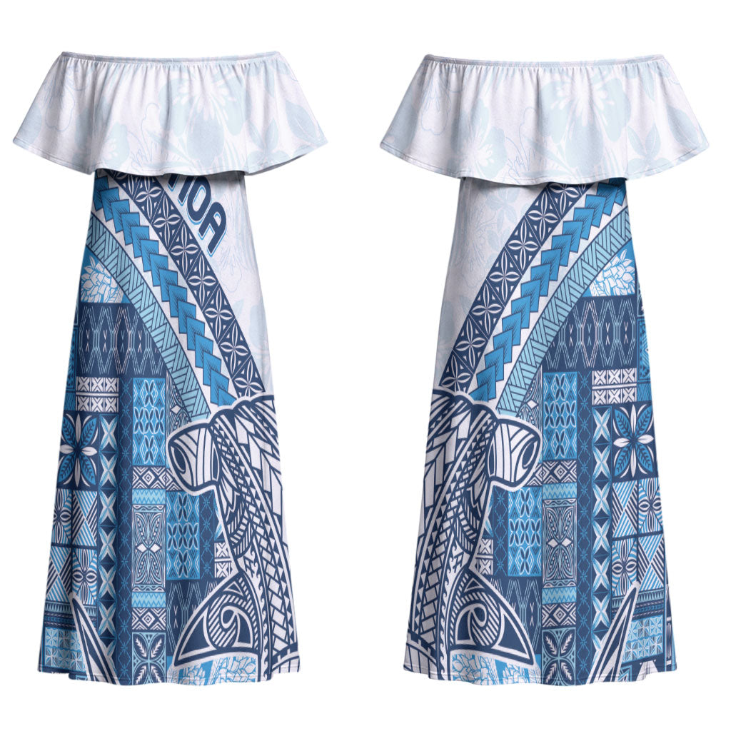 Samoa Mamanu Siapo Royal Blue Couples Matching Off Shoulder Maxi Dress and Long Sleeve Button Shirt Tatau Malie
