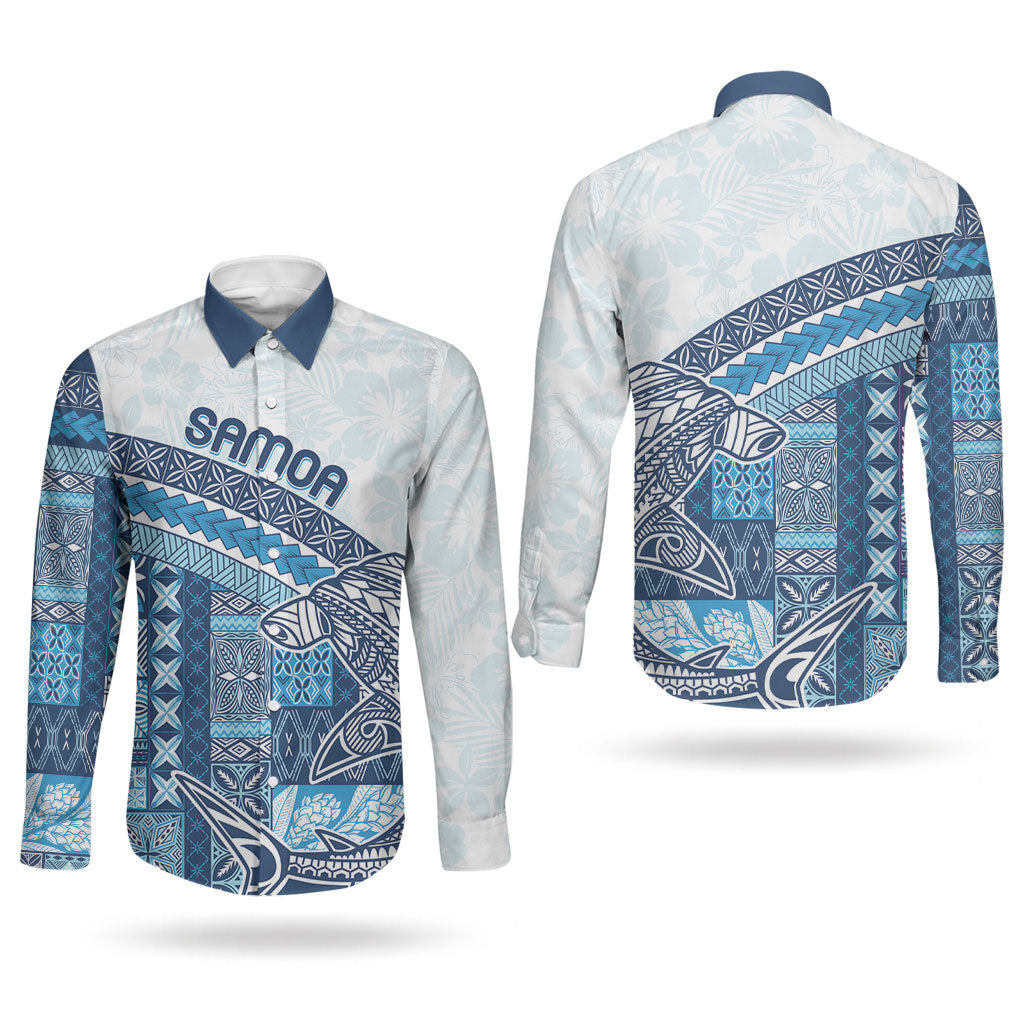 Samoa Mamanu Siapo Royal Blue Couples Matching Off The Shoulder Long Sleeve Dress and Long Sleeve Button Shirt Tatau Malie