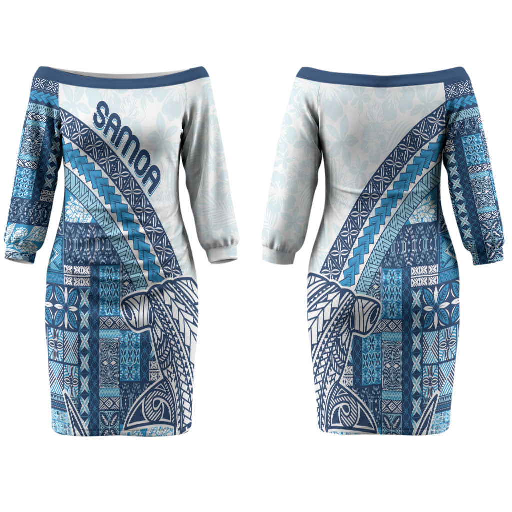 Samoa Mamanu Siapo Royal Blue Couples Matching Off The Shoulder Long Sleeve Dress and Long Sleeve Button Shirt Tatau Malie