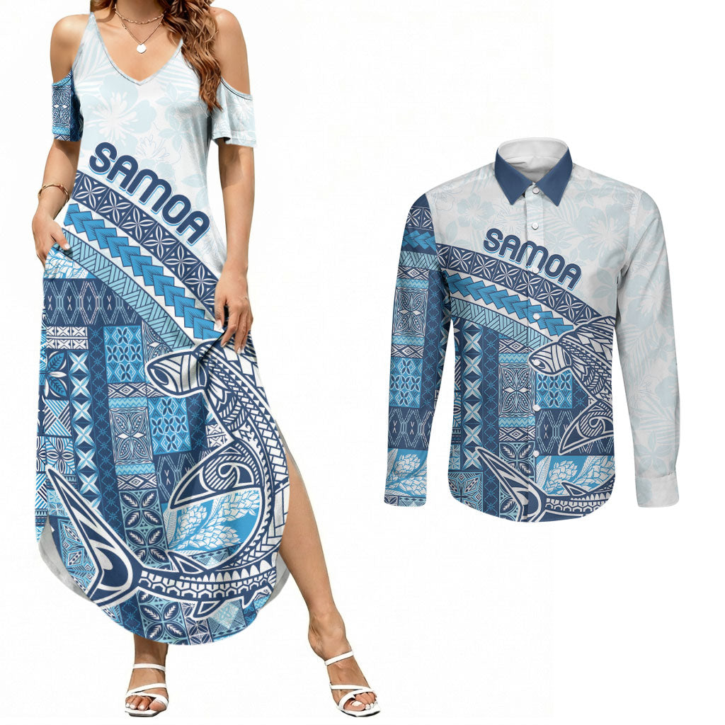 Samoa Mamanu Siapo Royal Blue Couples Matching Summer Maxi Dress and Long Sleeve Button Shirt Tatau Malie