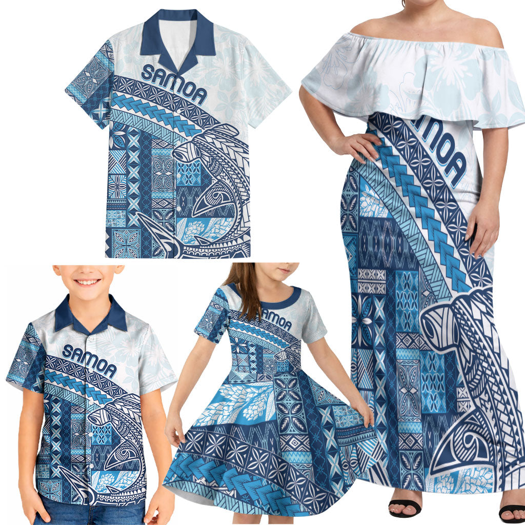 Samoa Mamanu Siapo Royal Blue Family Matching Off Shoulder Maxi Dress and Hawaiian Shirt Tatau Malie