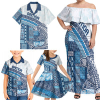 Samoa Mamanu Siapo Royal Blue Family Matching Off Shoulder Maxi Dress and Hawaiian Shirt Tatau Malie