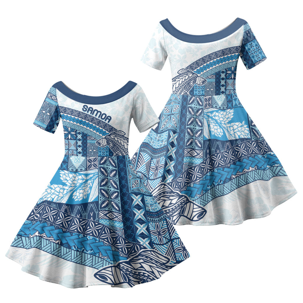 Samoa Mamanu Siapo Royal Blue Family Matching Off Shoulder Short Dress and Hawaiian Shirt Tatau Malie
