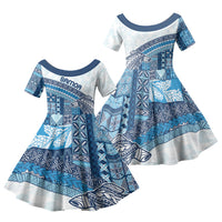 Samoa Mamanu Siapo Royal Blue Family Matching Off Shoulder Short Dress and Hawaiian Shirt Tatau Malie