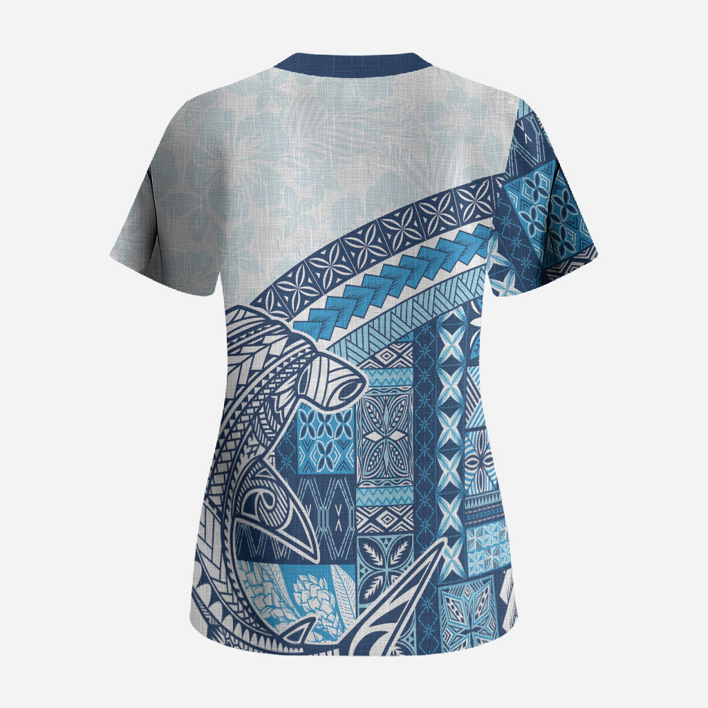 Samoa Mamanu Siapo Royal Blue Scrub Top Tatau Malie