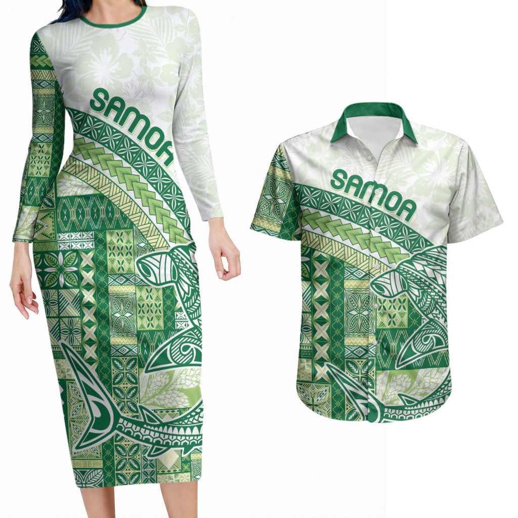 Samoa Mamanu Siapo Forest Green Couples Matching Long Sleeve Bodycon Dress and Hawaiian Shirt Tatau Malie