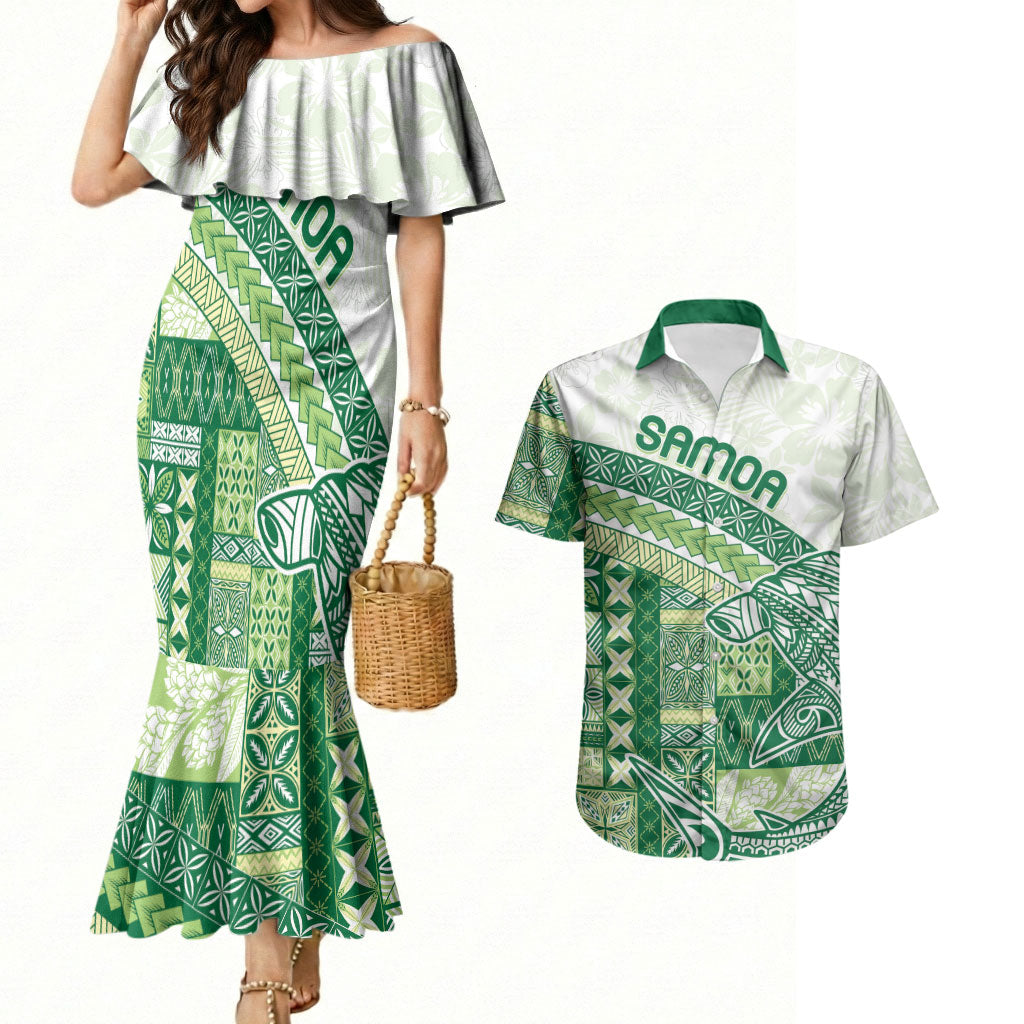 Samoa Mamanu Siapo Forest Green Couples Matching Mermaid Dress and Hawaiian Shirt Tatau Malie LT7 Forest Green - Polynesian Pride