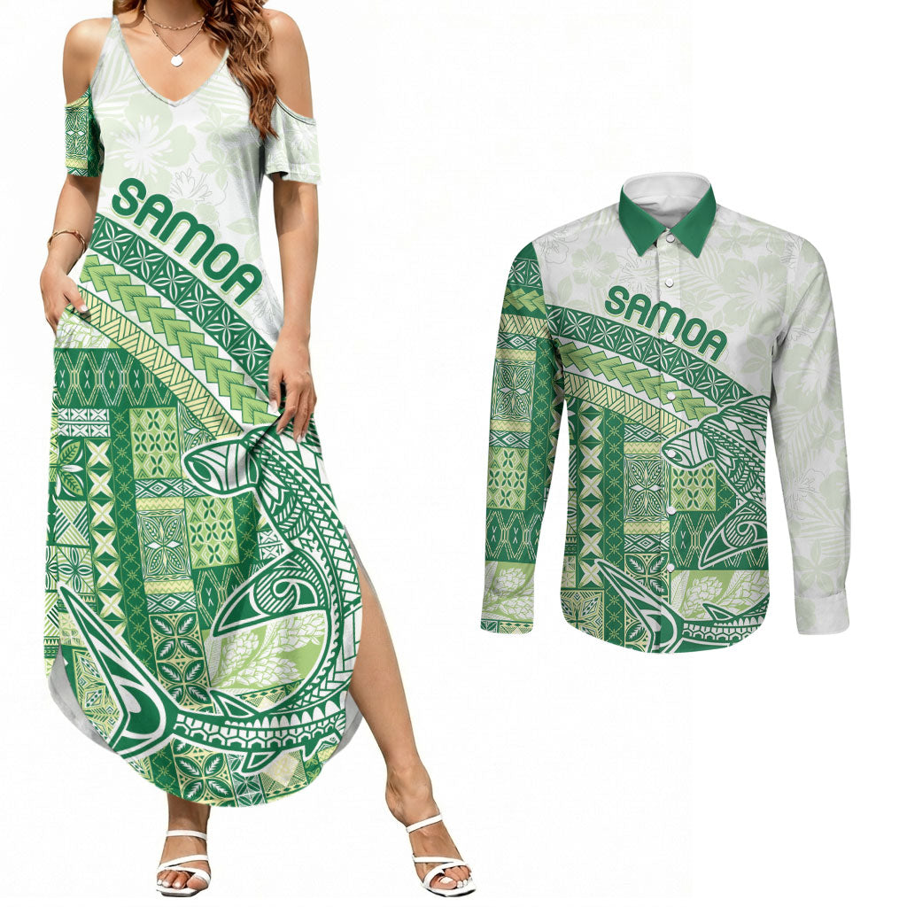 Samoa Mamanu Siapo Forest Green Couples Matching Summer Maxi Dress and Long Sleeve Button Shirt Tatau Malie