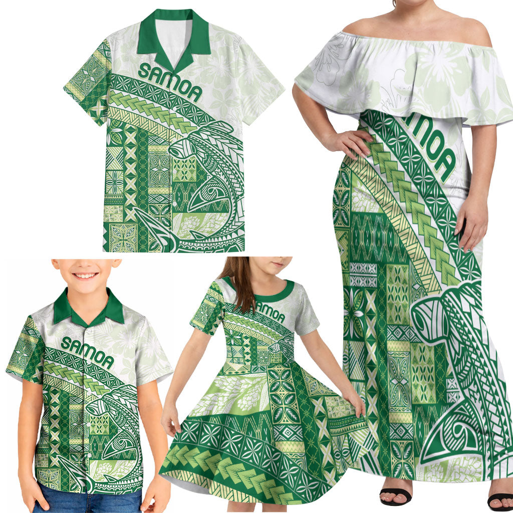 Samoa Mamanu Siapo Forest Green Family Matching Off Shoulder Maxi Dress and Hawaiian Shirt Tatau Malie