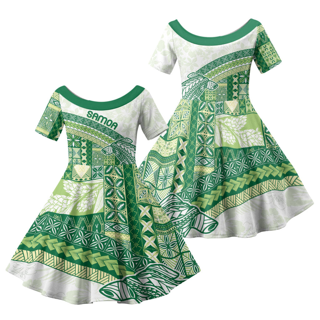 Samoa Mamanu Siapo Forest Green Family Matching Off Shoulder Short Dress and Hawaiian Shirt Tatau Malie