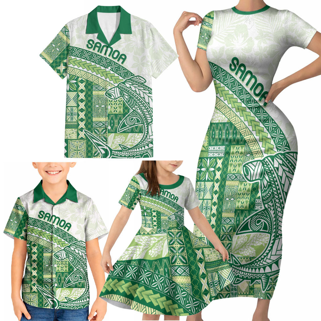 Samoa Mamanu Siapo Forest Green Family Matching Short Sleeve Bodycon Dress and Hawaiian Shirt Tatau Malie