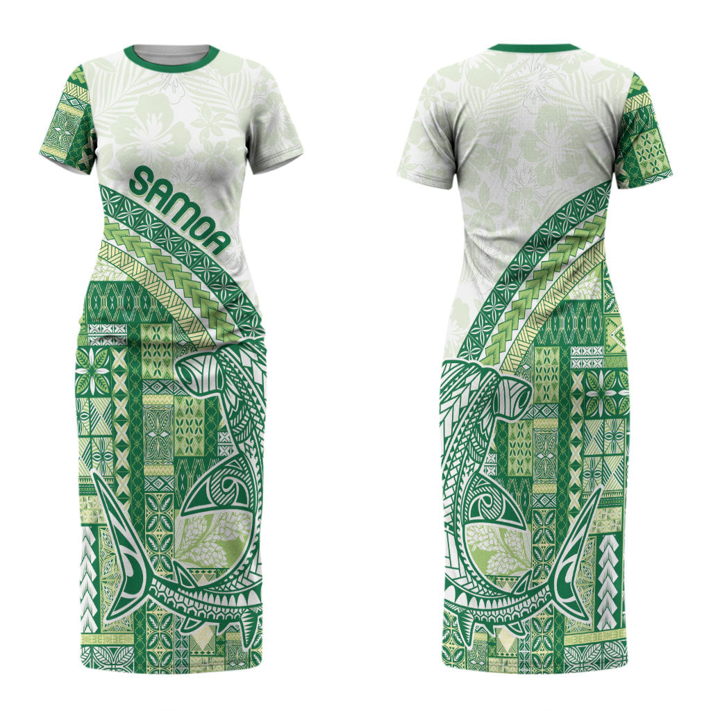 Samoa Mamanu Siapo Forest Green Family Matching Short Sleeve Bodycon Dress and Hawaiian Shirt Tatau Malie LT7 Mom's Dress Forest Green - Polynesian Pride