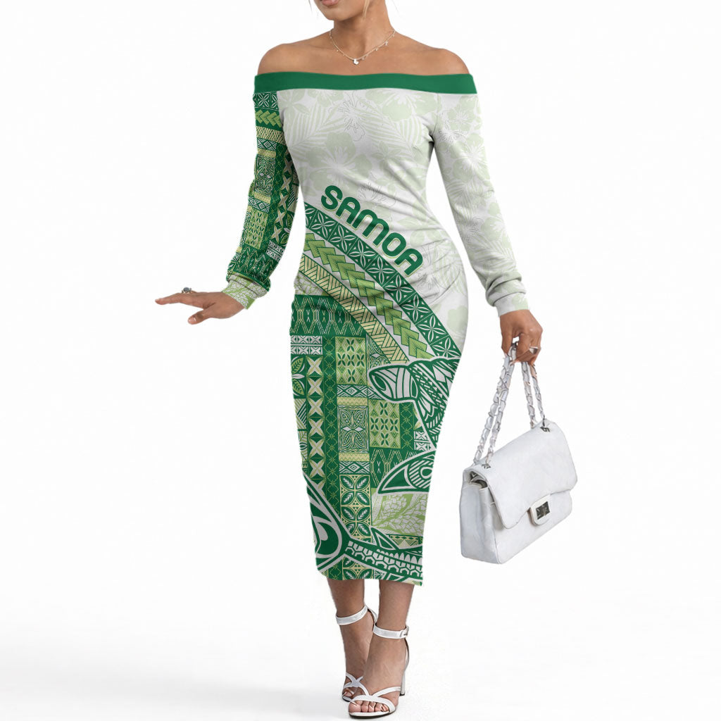 Samoa Mamanu Siapo Forest Green Off The Shoulder Long Sleeve Dress Tatau Malie