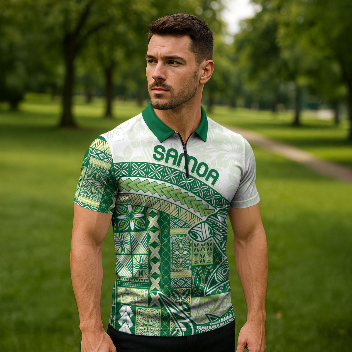 Samoa Mamanu Siapo Forest Green Zipper Polo Shirt Tatau Malie