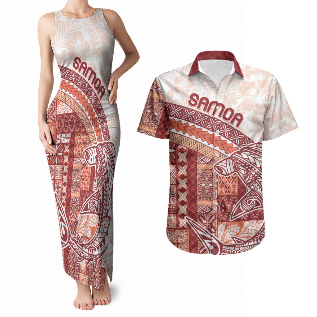 Samoa Mamanu Siapo Crimson Couples Matching Tank Maxi Dress and Hawaiian Shirt Tatau Malie