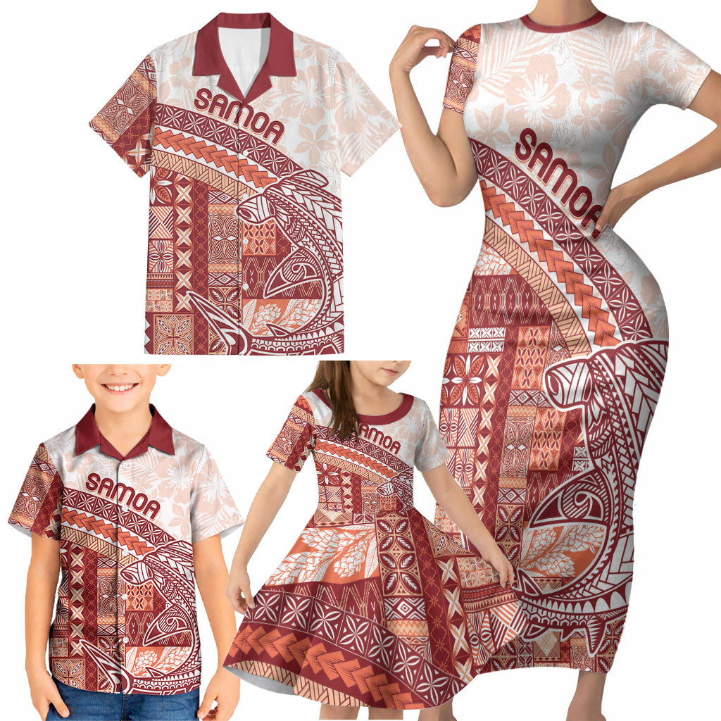 Samoa Mamanu Siapo Crimson Family Matching Short Sleeve Bodycon Dress and Hawaiian Shirt Tatau Malie