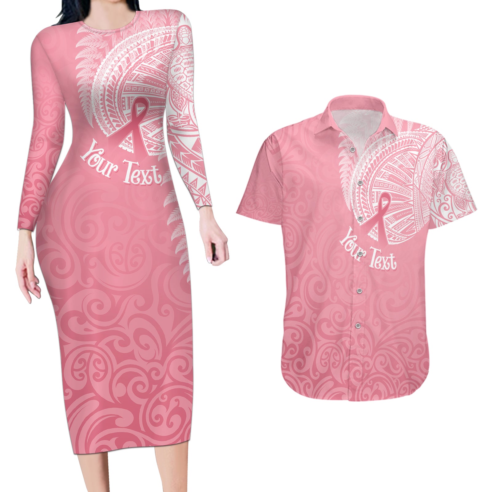 Personalised New Zealand Couples Matching Long Sleeve Bodycon Dress and Hawaiian Shirt Pink Ribbon Tattoo Mix Silver Fern LT7 Pink - Polynesian Pride