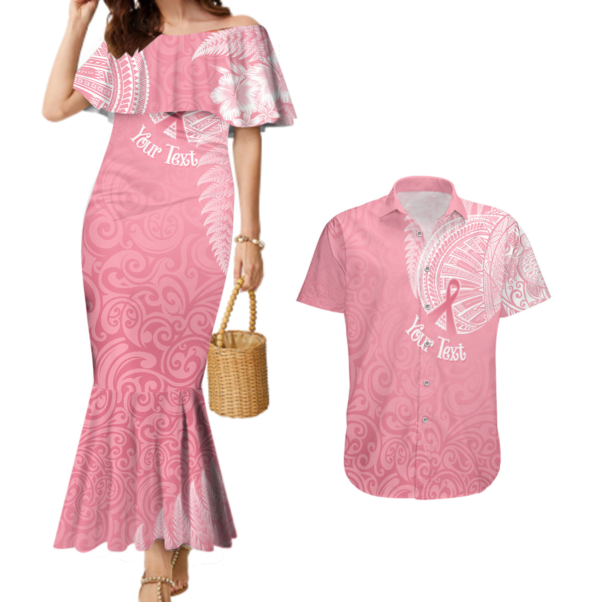 personalised-new-zealand-couples-matching-mermaid-dress-and-hawaiian-shirt-pink-ribbon-tattoo-mix-silver-fern