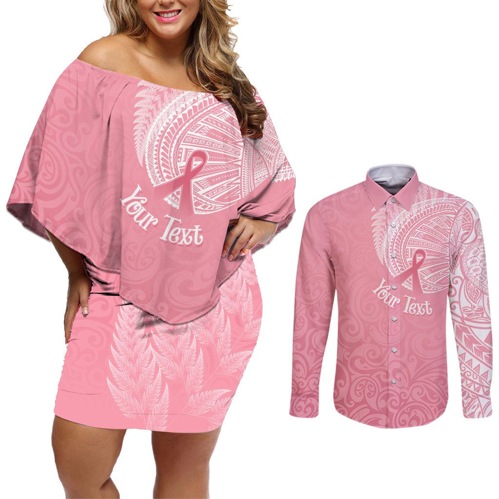 Personalised New Zealand Couples Matching Off Shoulder Short Dress and Long Sleeve Button Shirts Pink Ribbon Tattoo Mix Silver Fern LT7 Pink - Polynesian Pride
