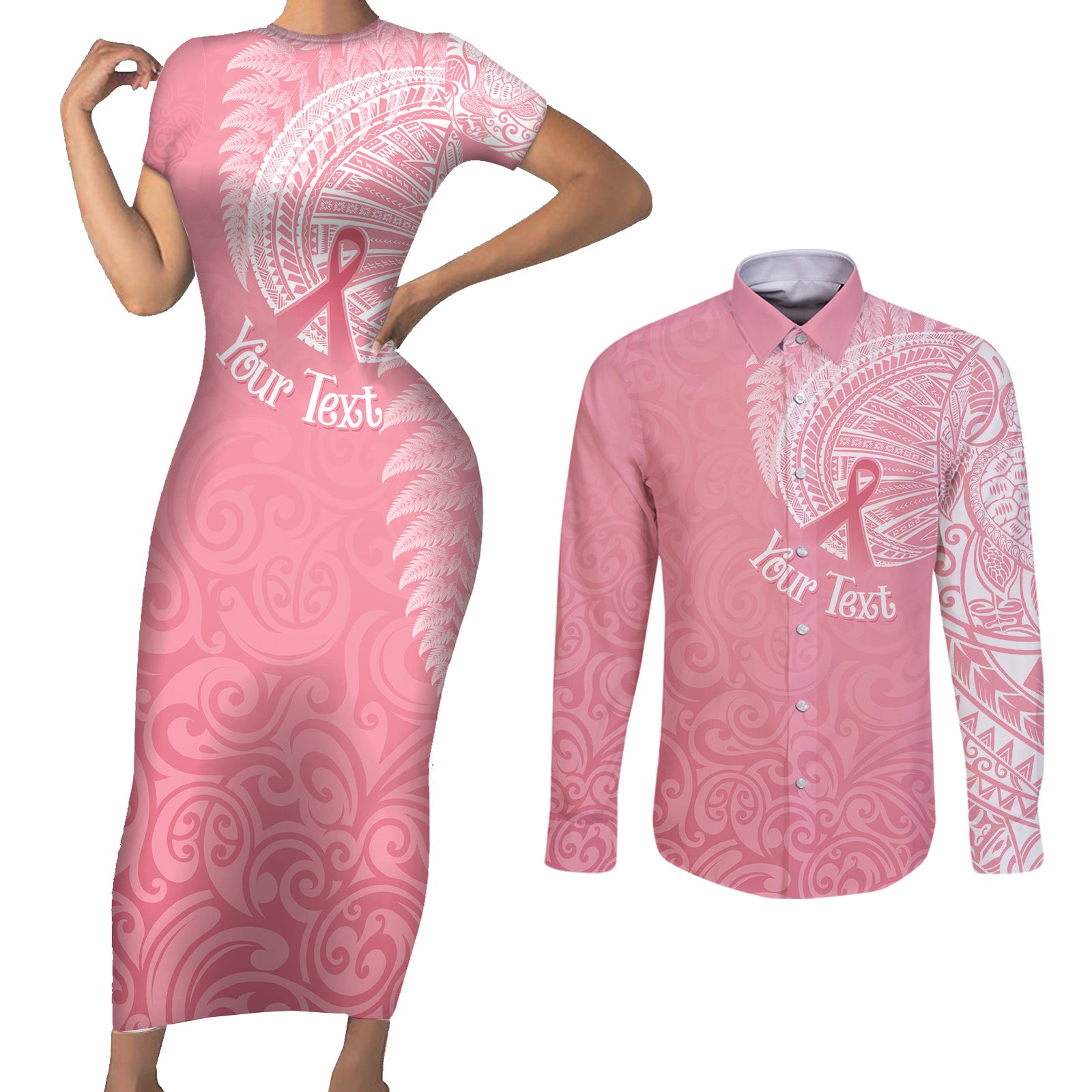 Personalised New Zealand Couples Matching Short Sleeve Bodycon Dress and Long Sleeve Button Shirts Pink Ribbon Tattoo Mix Silver Fern LT7 Pink - Polynesian Pride