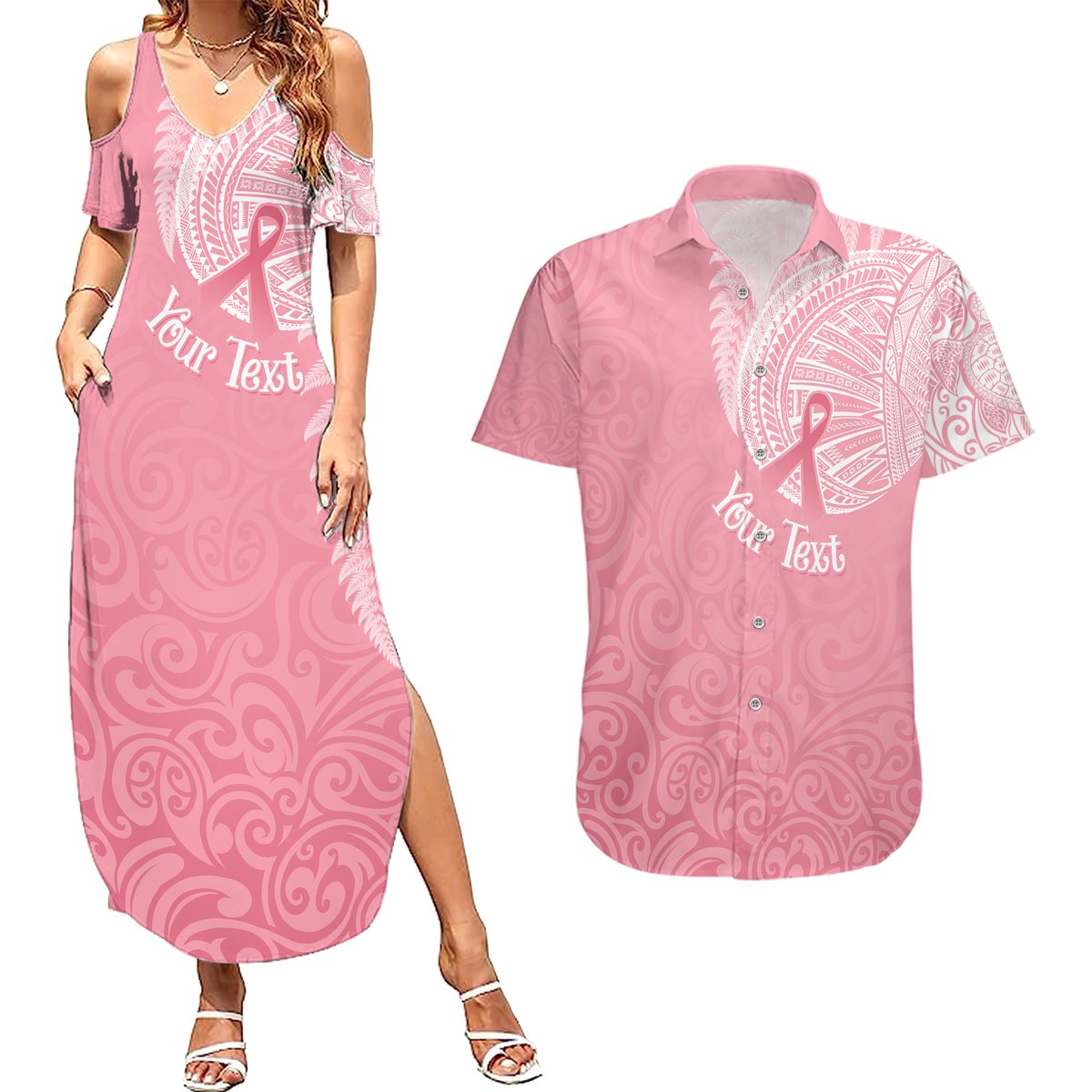 Personalised New Zealand Couples Matching Summer Maxi Dress and Hawaiian Shirt Pink Ribbon Tattoo Mix Silver Fern LT7 Pink - Polynesian Pride
