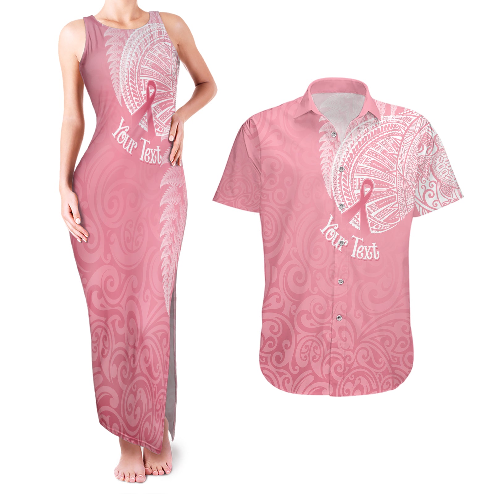 Personalised New Zealand Couples Matching Tank Maxi Dress and Hawaiian Shirt Pink Ribbon Tattoo Mix Silver Fern LT7 Pink - Polynesian Pride
