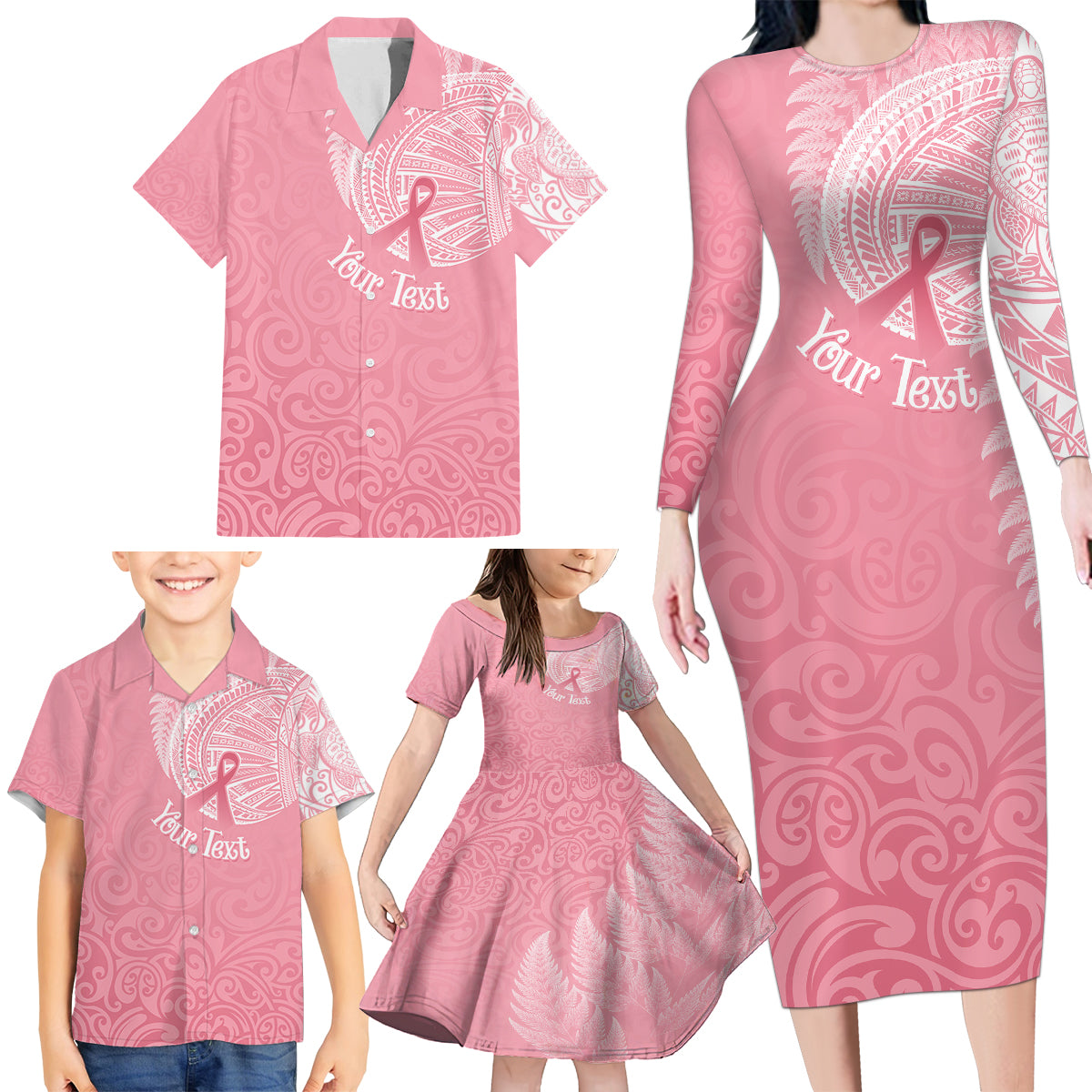 personalised-new-zealand-family-matching-long-sleeve-bodycon-dress-and-hawaiian-shirt-pink-ribbon-tattoo-mix-silver-fern