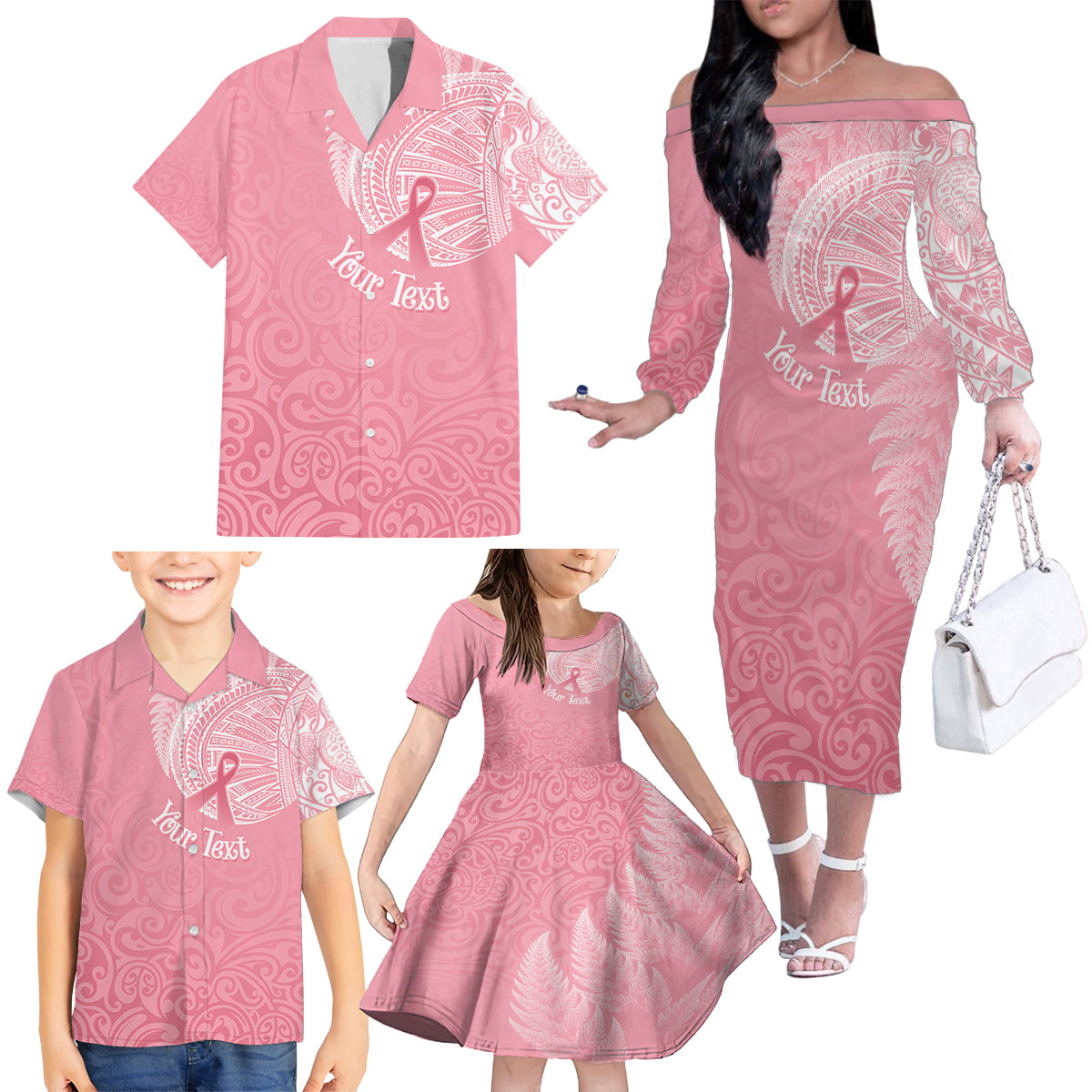 personalised-new-zealand-family-matching-off-shoulder-long-sleeve-dress-and-hawaiian-shirt-pink-ribbon-tattoo-mix-silver-fern