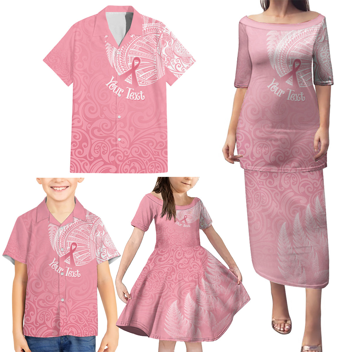 Personalised New Zealand Family Matching Puletasi Dress and Hawaiian Shirt Pink Ribbon Tattoo Mix Silver Fern LT7 - Polynesian Pride