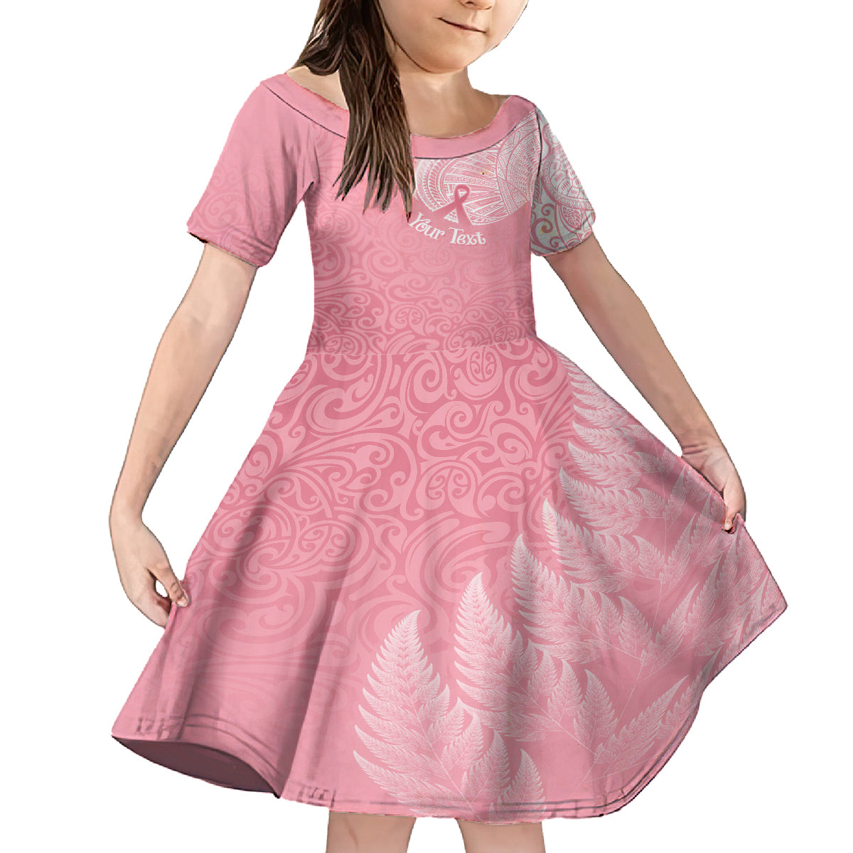 personalised-new-zealand-kid-short-sleeve-dress-pink-ribbon-tattoo-mix-silver-fern