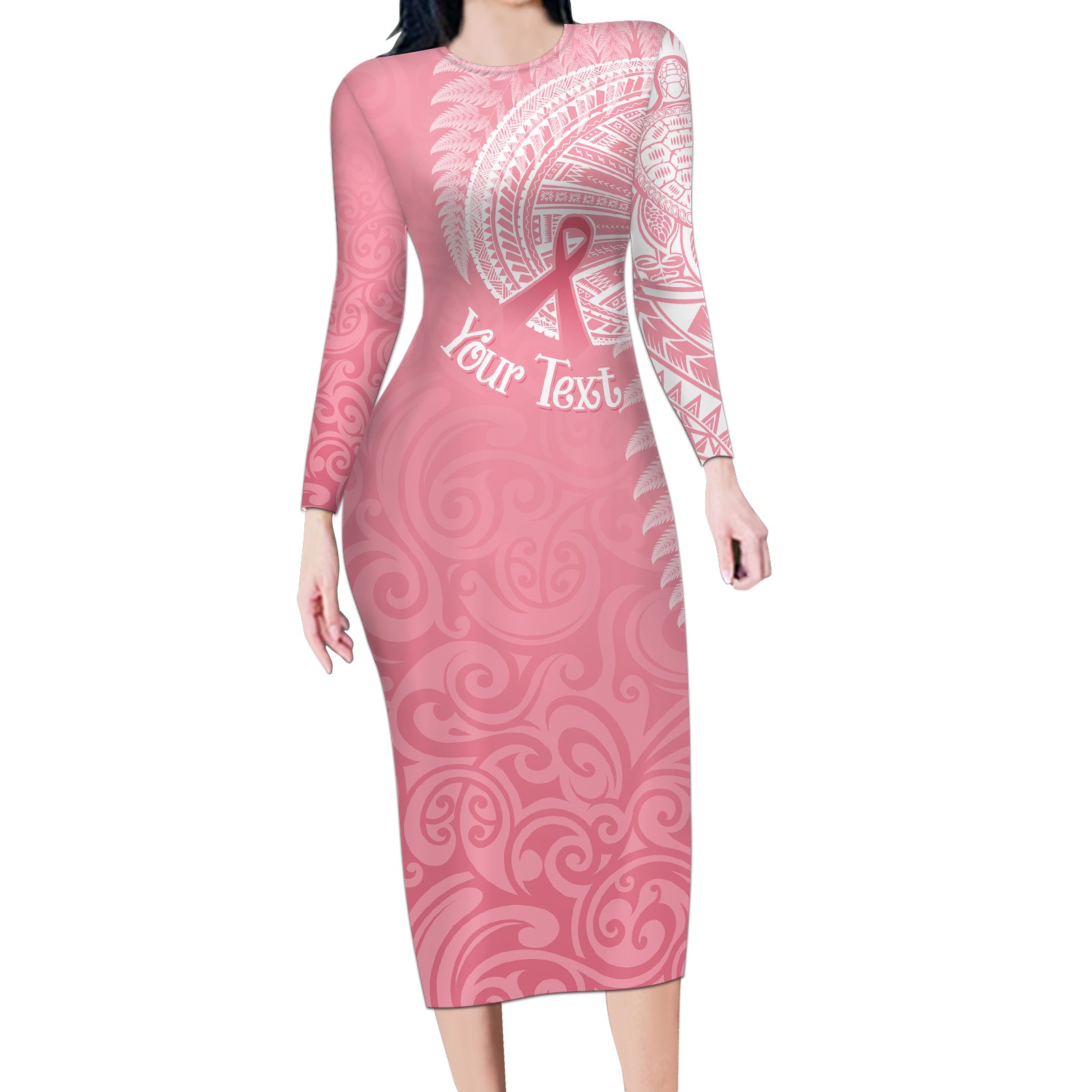 personalised-new-zealand-long-sleeve-bodycon-dress-pink-ribbon-tattoo-mix-silver-fern