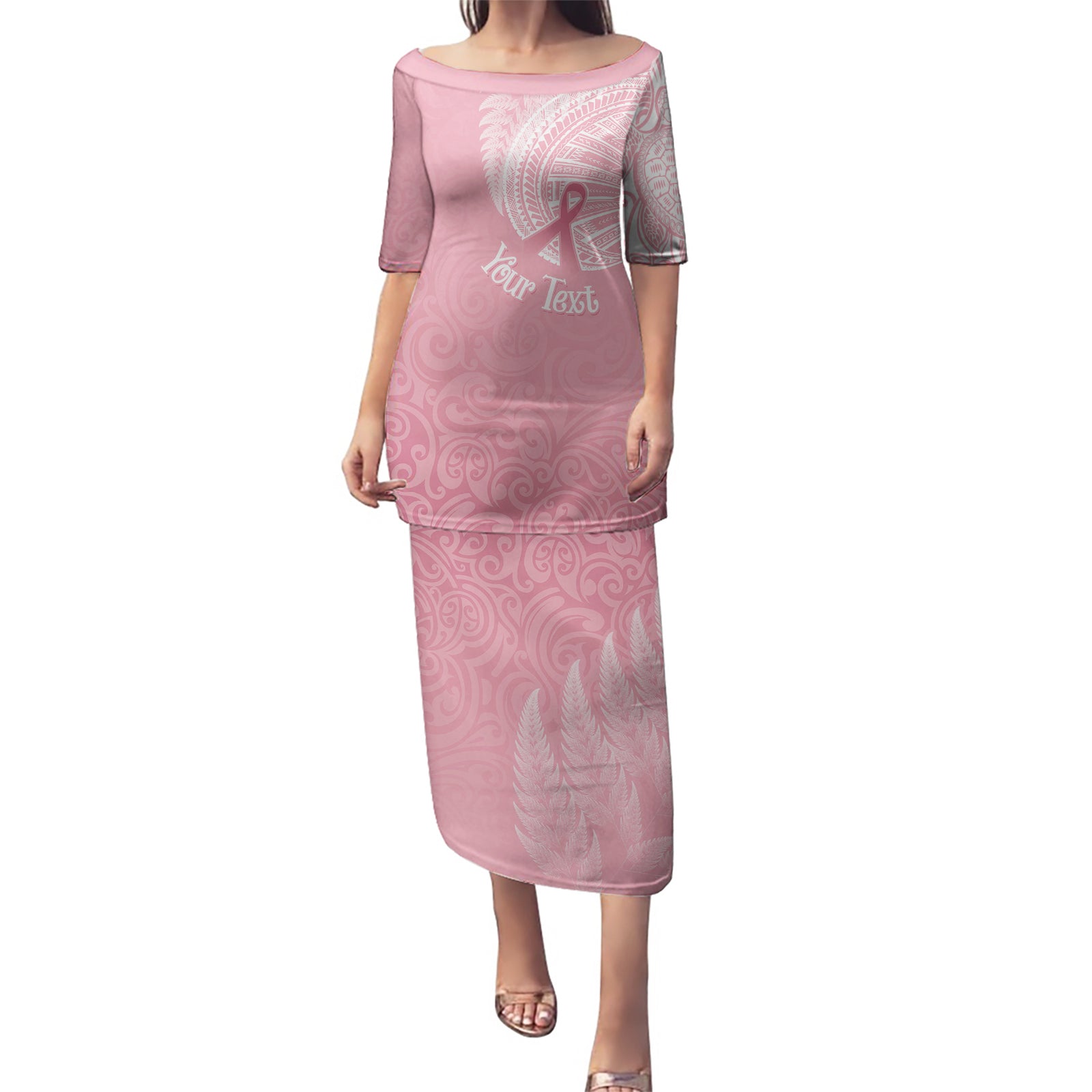 Personalised New Zealand Puletasi Pink Ribbon Tattoo Mix Silver Fern LT7 Long Dress Pink - Polynesian Pride